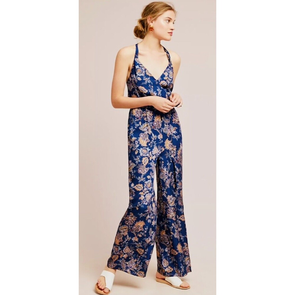 Anthropologie Blue Floral Satin Jumpsuit